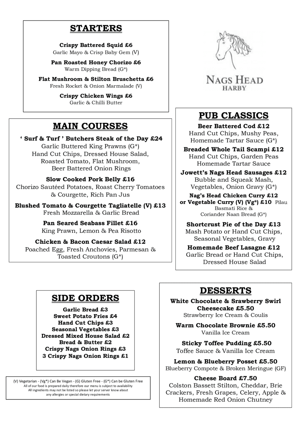 Menus Nags Head Harby