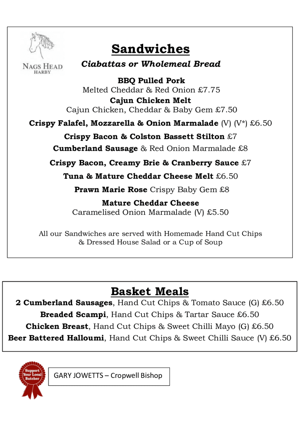 Menus Nags Head Harby