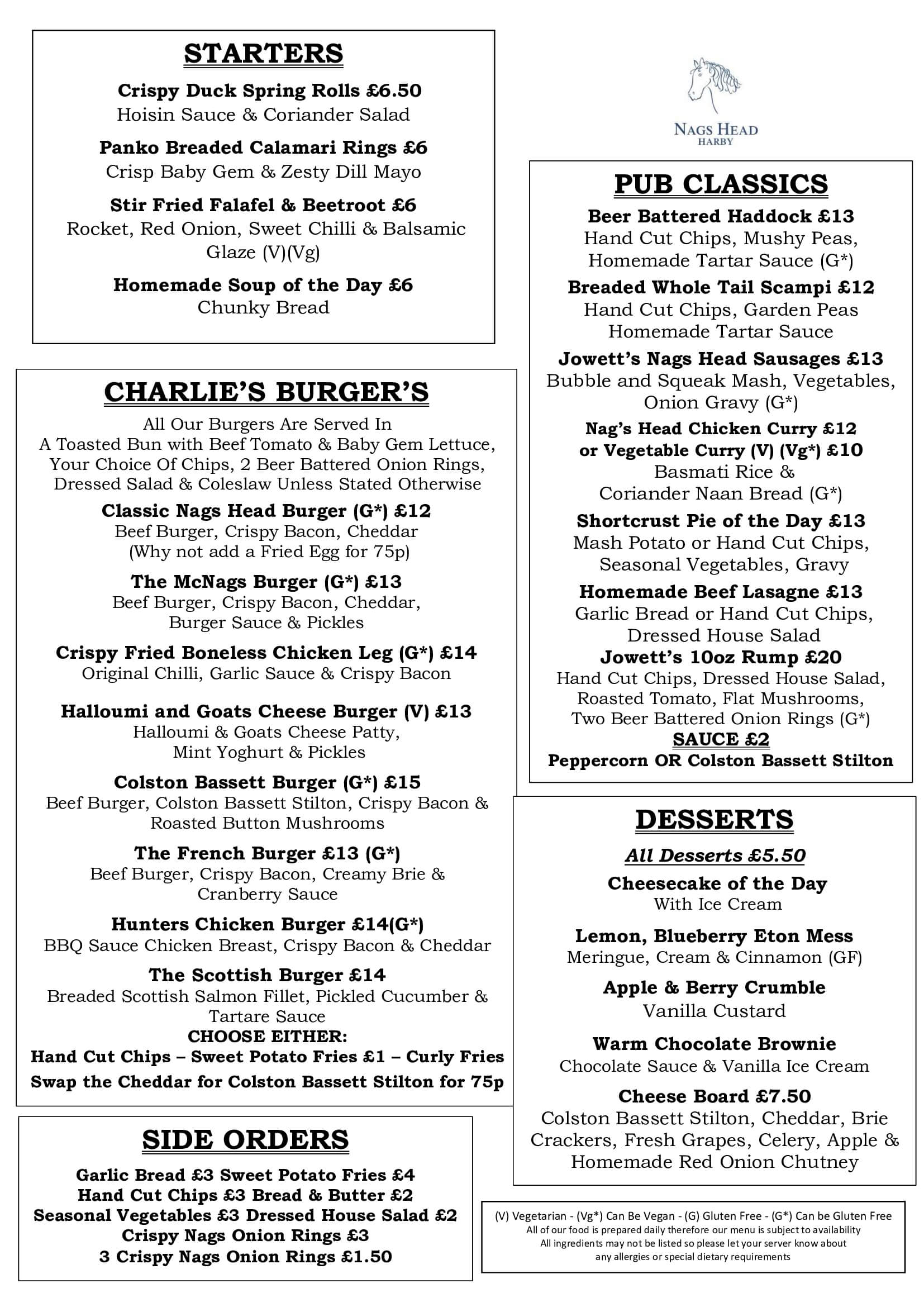 Menus Nags Head Harby