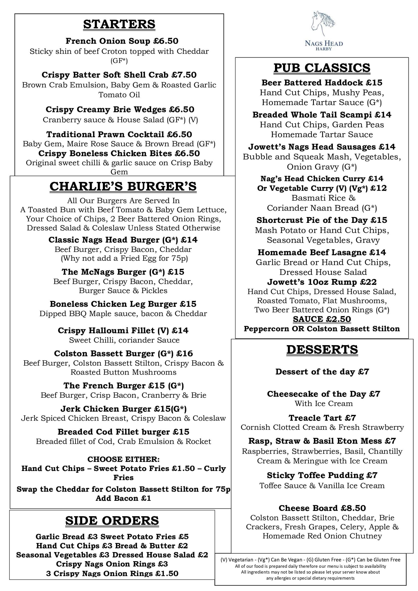 Menus Nags Head Harby